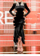 Humvee Long Sleeve Cutout Fluted Midi Velvet Dress In Black