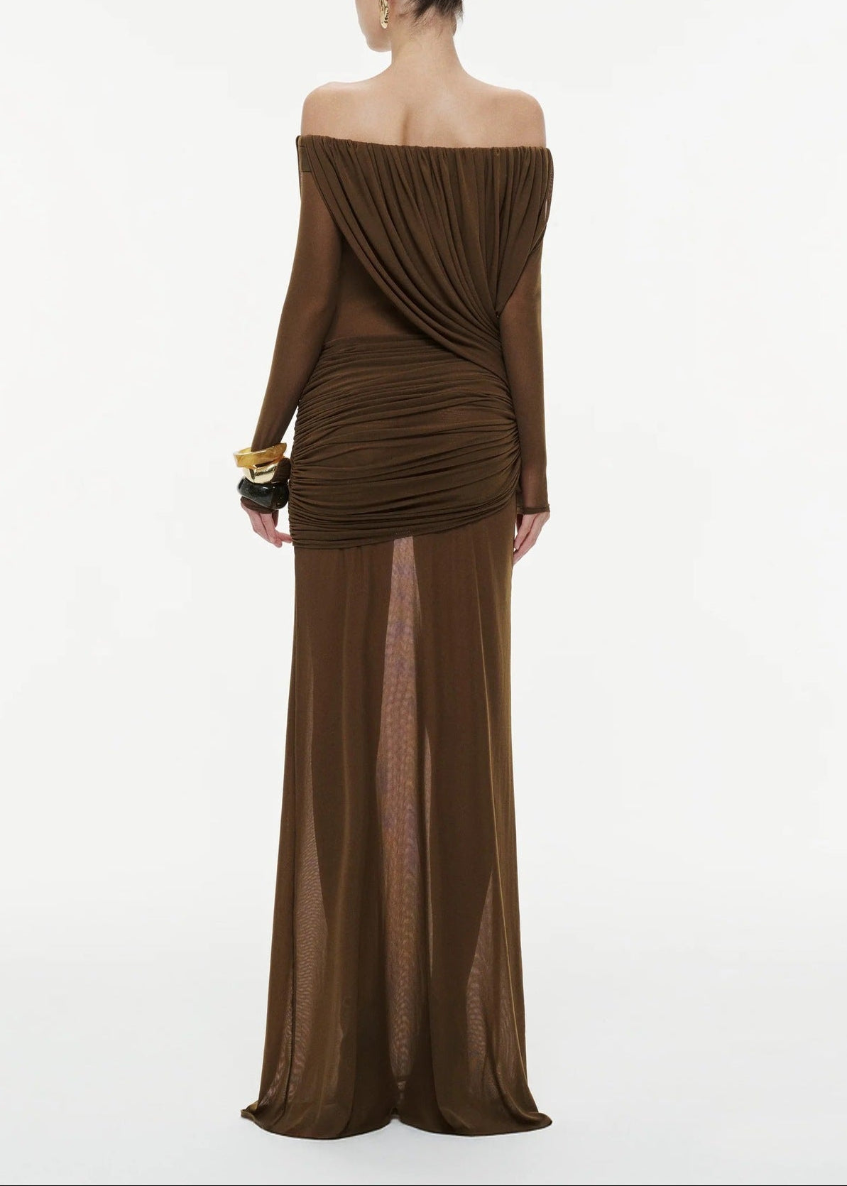Cryxel Off-Shoulder Draped Mesh Maxi Dress In Brown