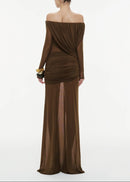Cryxel Off-Shoulder Draped Mesh Maxi Dress In Brown