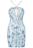 Lexiss Halter Crystal Sequin Mini Dress In Blue