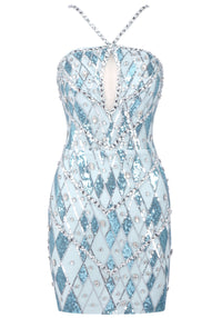 Lexiss Halter Crystal Sequin Mini Dress In Blue