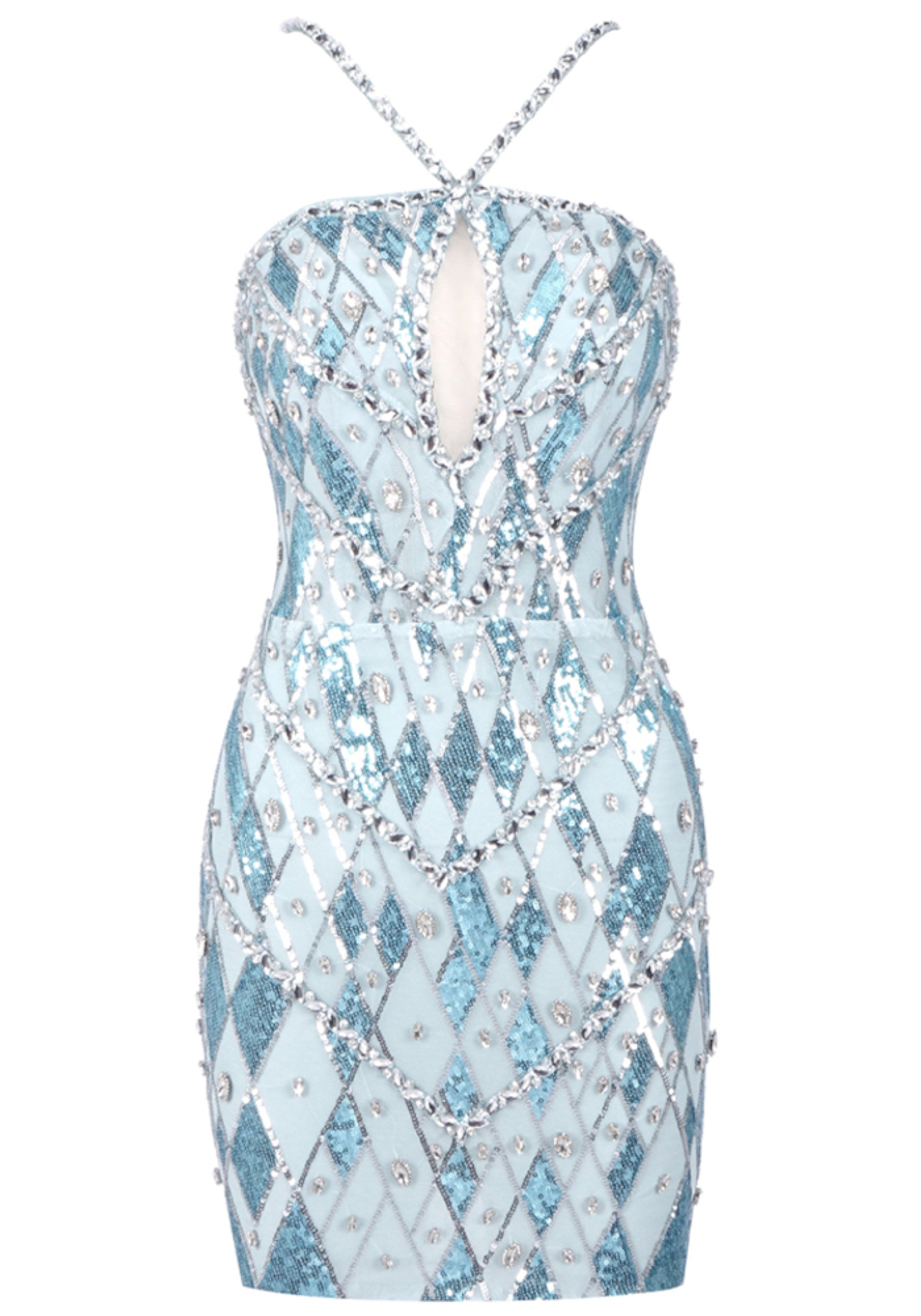 Lexiss Halter Crystal Sequin Mini Dress In Blue