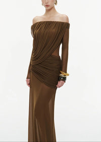 Cryxel Off-Shoulder Draped Mesh Maxi Dress In Brown