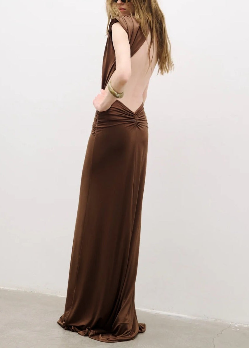 Velythar Gathered Sleeveless Deep V Maxi Dress