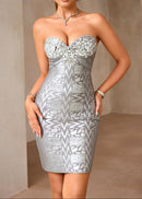 Jexelle Strapless Crystal Bustier Woodgrain Foil Print Dress In Silver