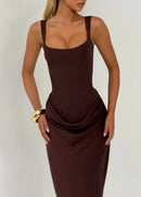 Feyza Corset Draped Maxi Dress In Brown