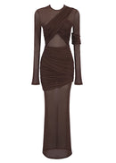Ramesh Long Sleeve Mesh Insert Draped Maxi Dress In Brown