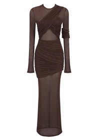 Ramesh Long Sleeve Mesh Insert Draped Maxi Dress In Brown