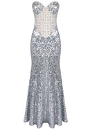 Daiki Strapless Crystal Corset Maxi Dress In Silver