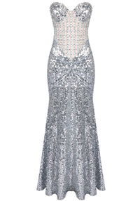 Daiki Strapless Crystal Corset Maxi Dress In Silver