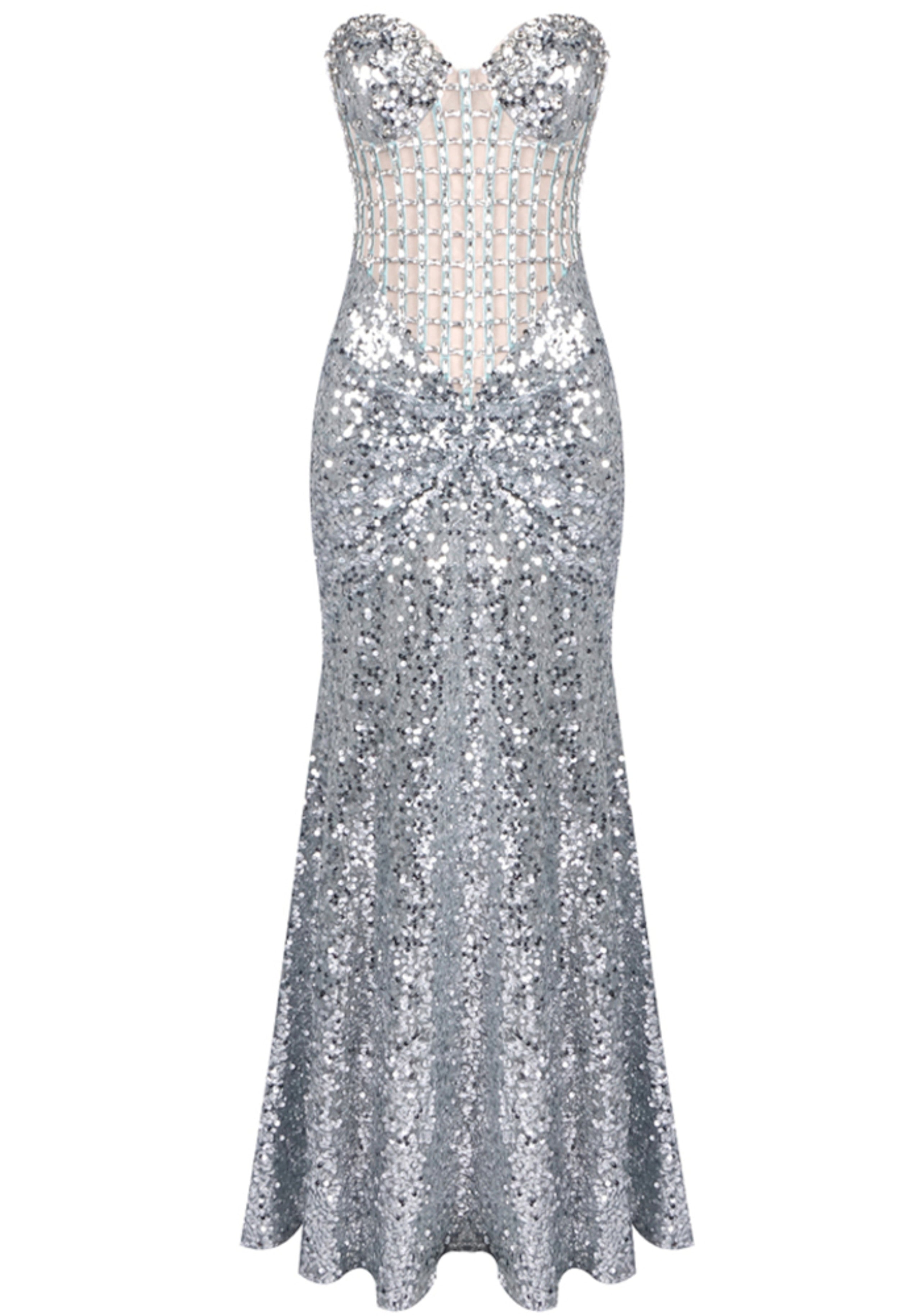 Daiki Strapless Crystal Corset Maxi Dress In Silver