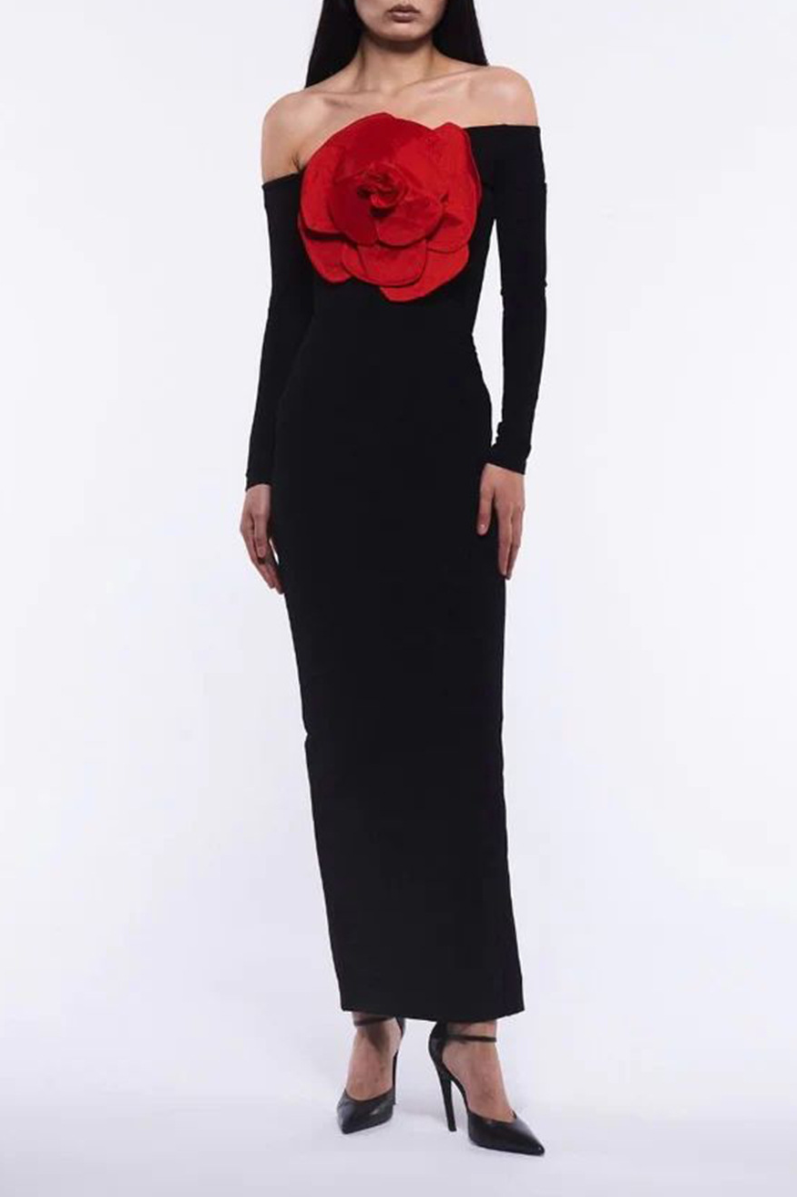 Bonnie Off Shoulder Red Flower Maxi Dress