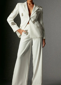 Flores Rhinestones Embellished Blazer Set White