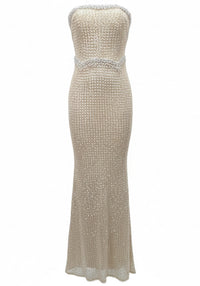 Vyxil Strapless Pearl Detail Sequin Maxi Dress In Gold