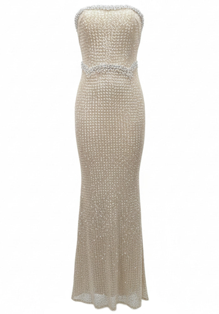 Vyxil Strapless Pearl Detail Sequin Maxi Dress In Gold