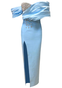 Reba Draped Bardot Crystal Bustier Maxi Dress In Light Blue