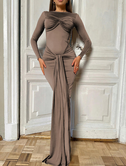 Simran Round Neck Ribbon Knot Maxi Dress In Coffee