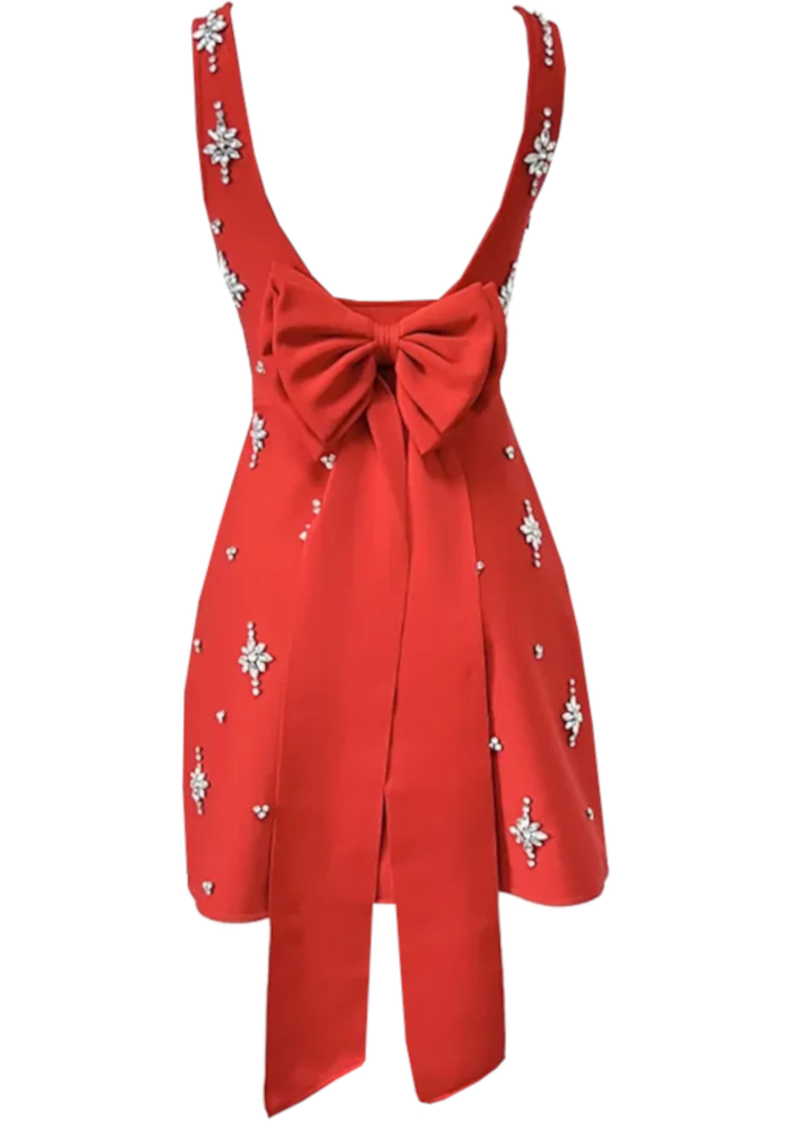 Rayner Crystal Bow Detail Backless A Line Mini Dress In Red