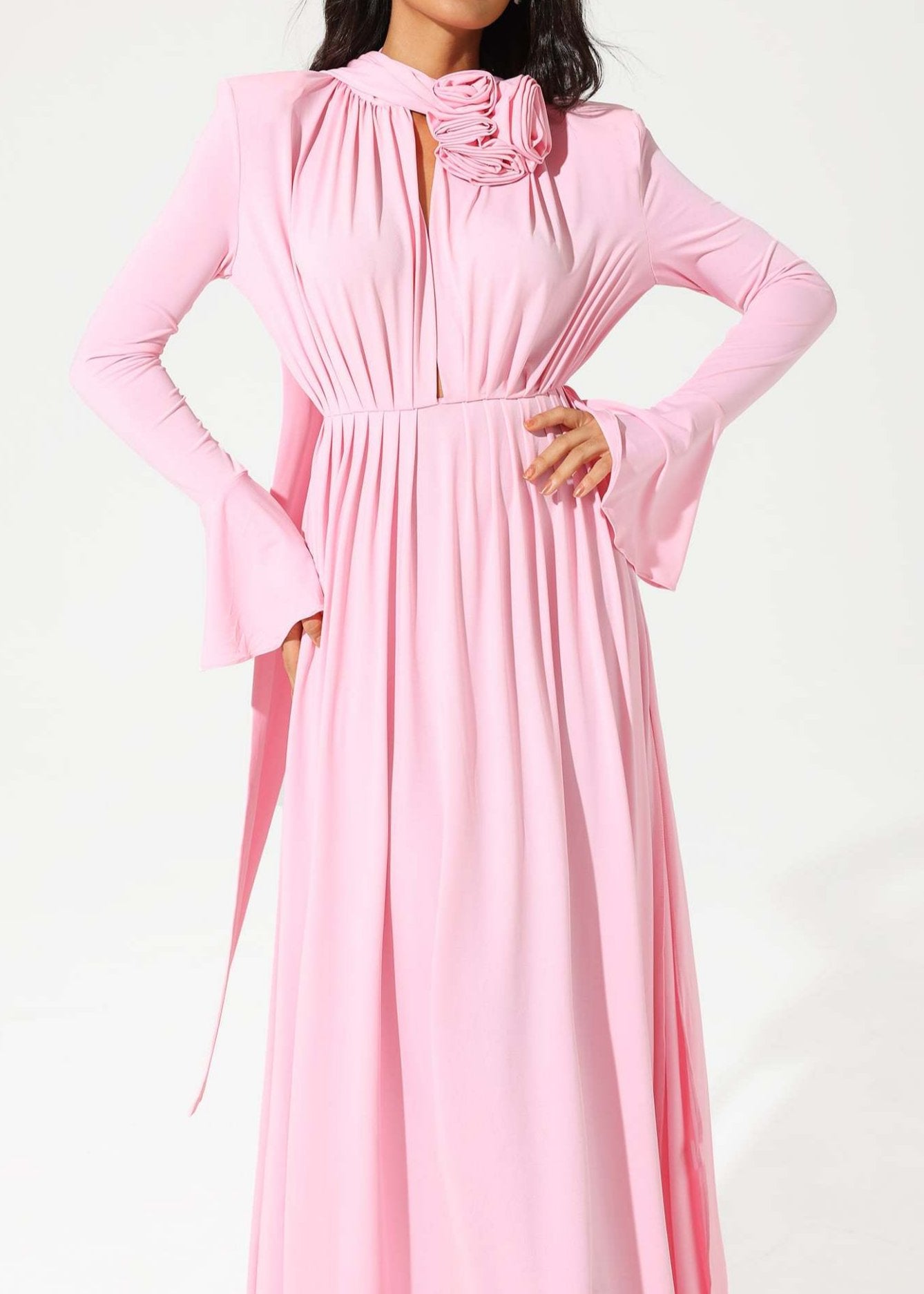 Abelia Lantern Sleeve High Collar Flower Slit Midi Dress In Pink