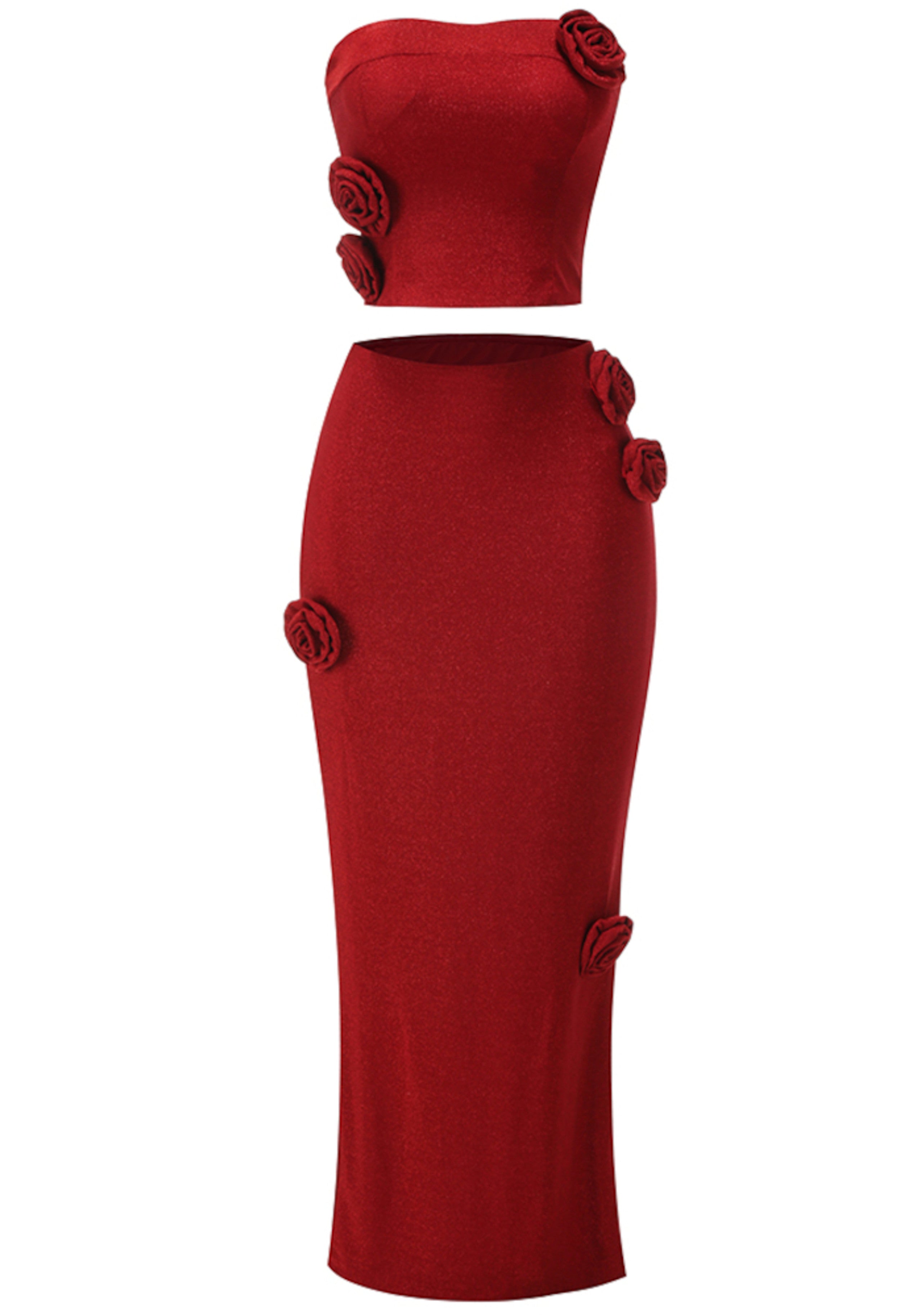 Aryxar Strapless Sparkly Floral Two Piece Maxi Dress In Red