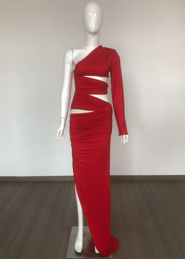 Carola One Shoulder Crystal Cutout Maxi Dress