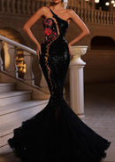 Kirstee One Shoulder Floral Sequin Mermaid Maxi Dress In Black