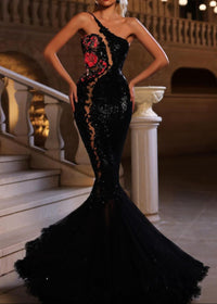 Kirstee One Shoulder Floral Sequin Mermaid Maxi Dress In Black