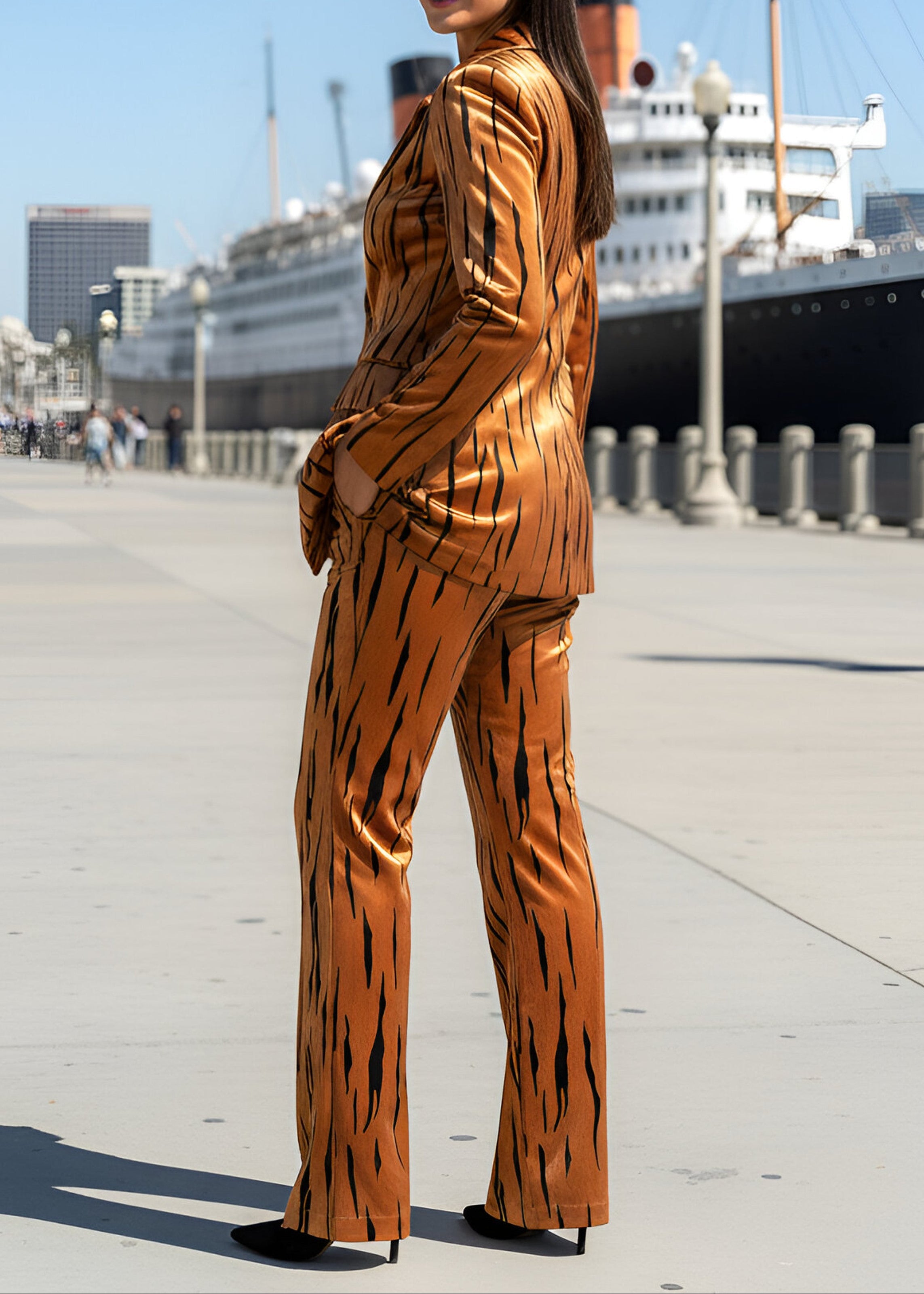 Ishhara Long Sleeve Animal Print Suit In Light Brown