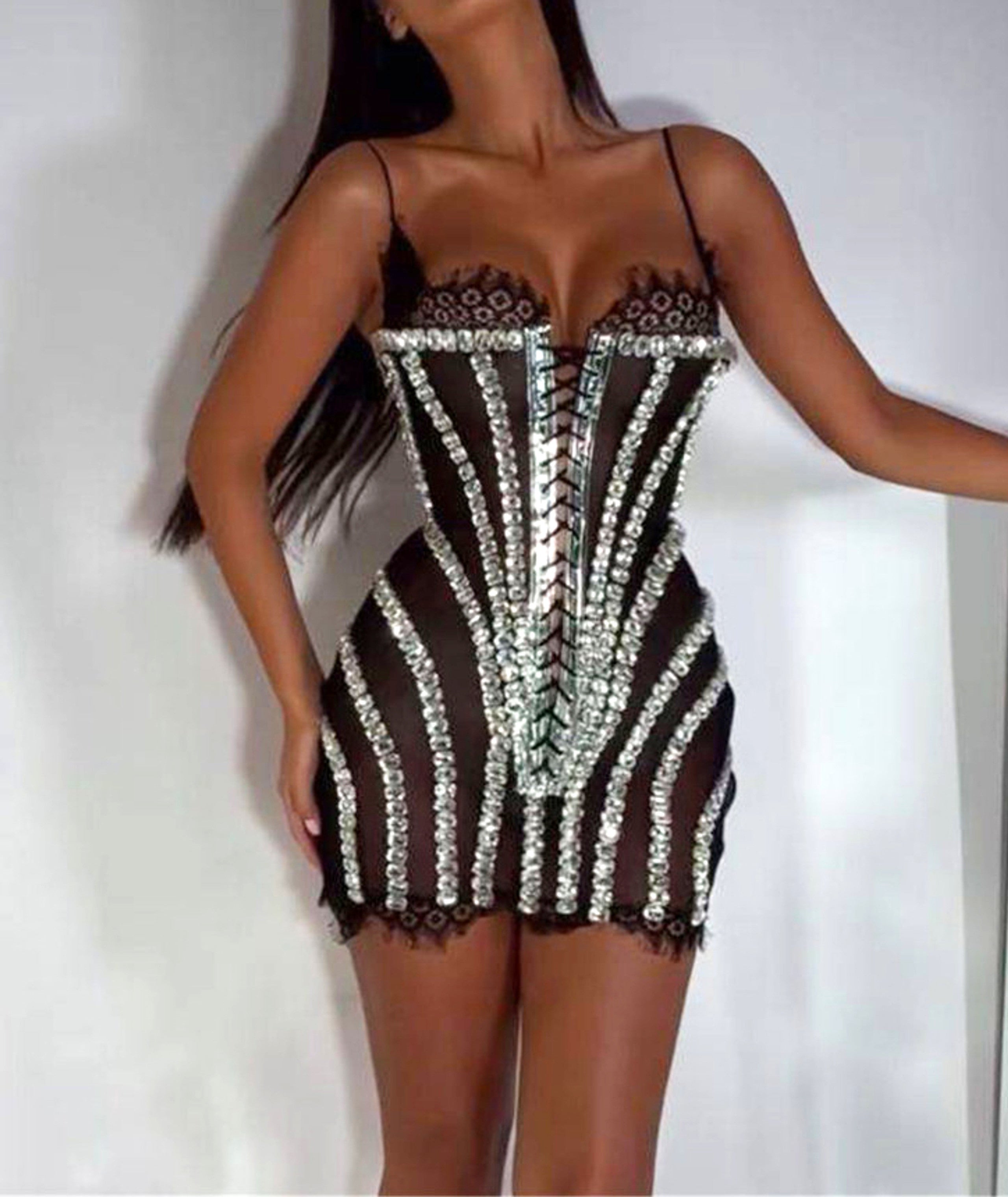 Myxal Crystal Lace Up Corset Mini Dress In Black