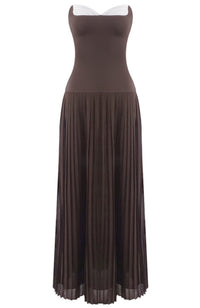 Kazra Strapless Pleated A Line Maxi Dress In Brown
