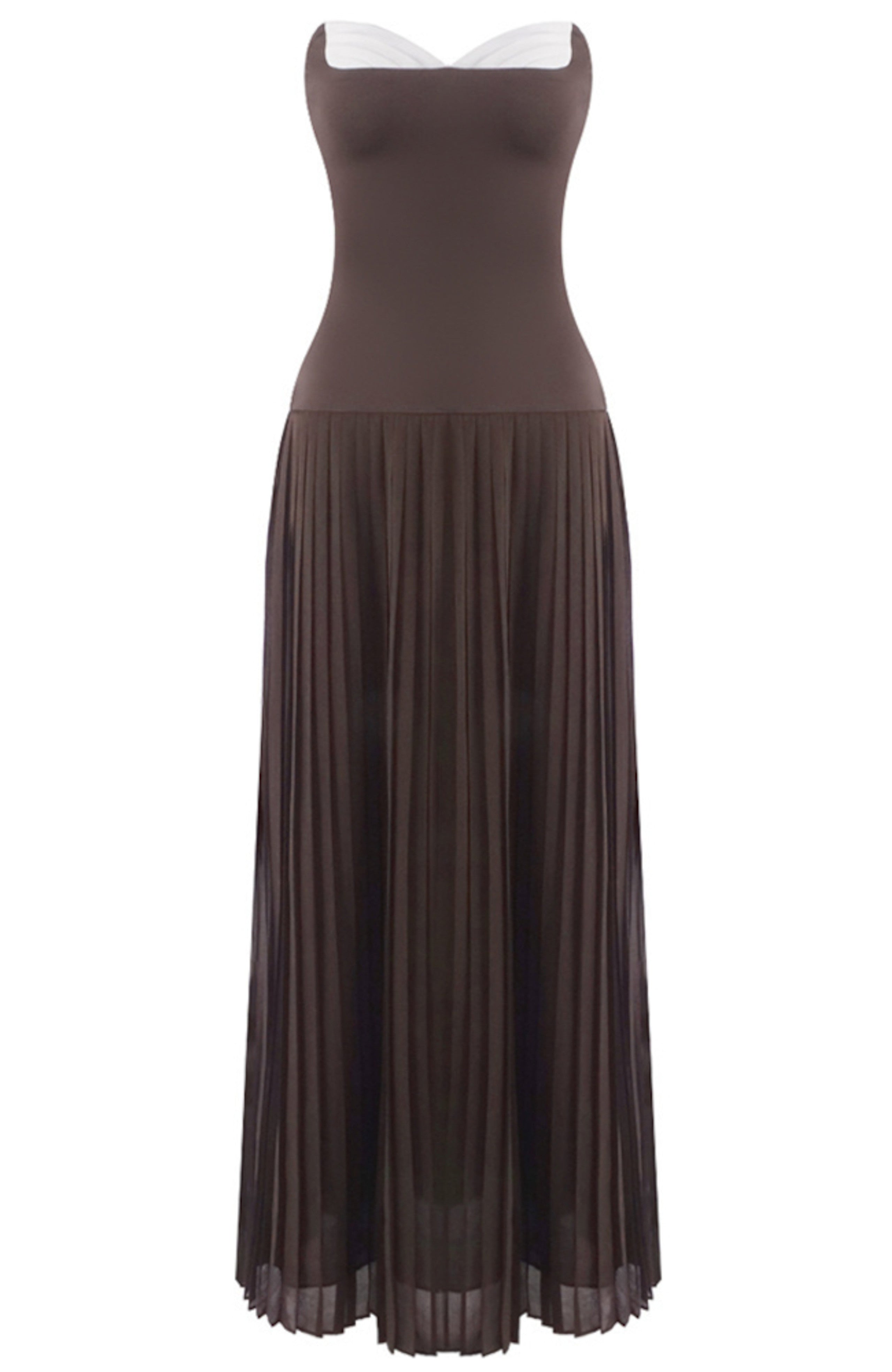 Kazra Strapless Pleated A Line Maxi Dress In Brown