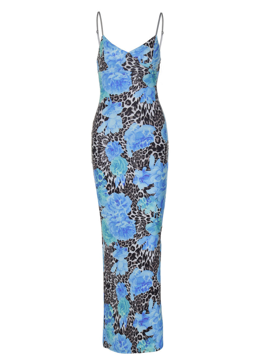 Cedrus Spaghetti Leopard Midi Dress In Blue