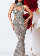 Laurie Halter Crystal Sequin Mermaid Maxi Dress In Silver