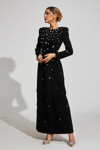 Bethel Long Sleeve Crystal A Line Maxi Dress In Black