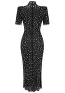 Maelthas Short Sleeve Crystal Mesh Maxi Dress In Black