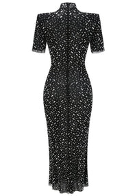 Maelthas Short Sleeve Crystal Mesh Maxi Dress In Black