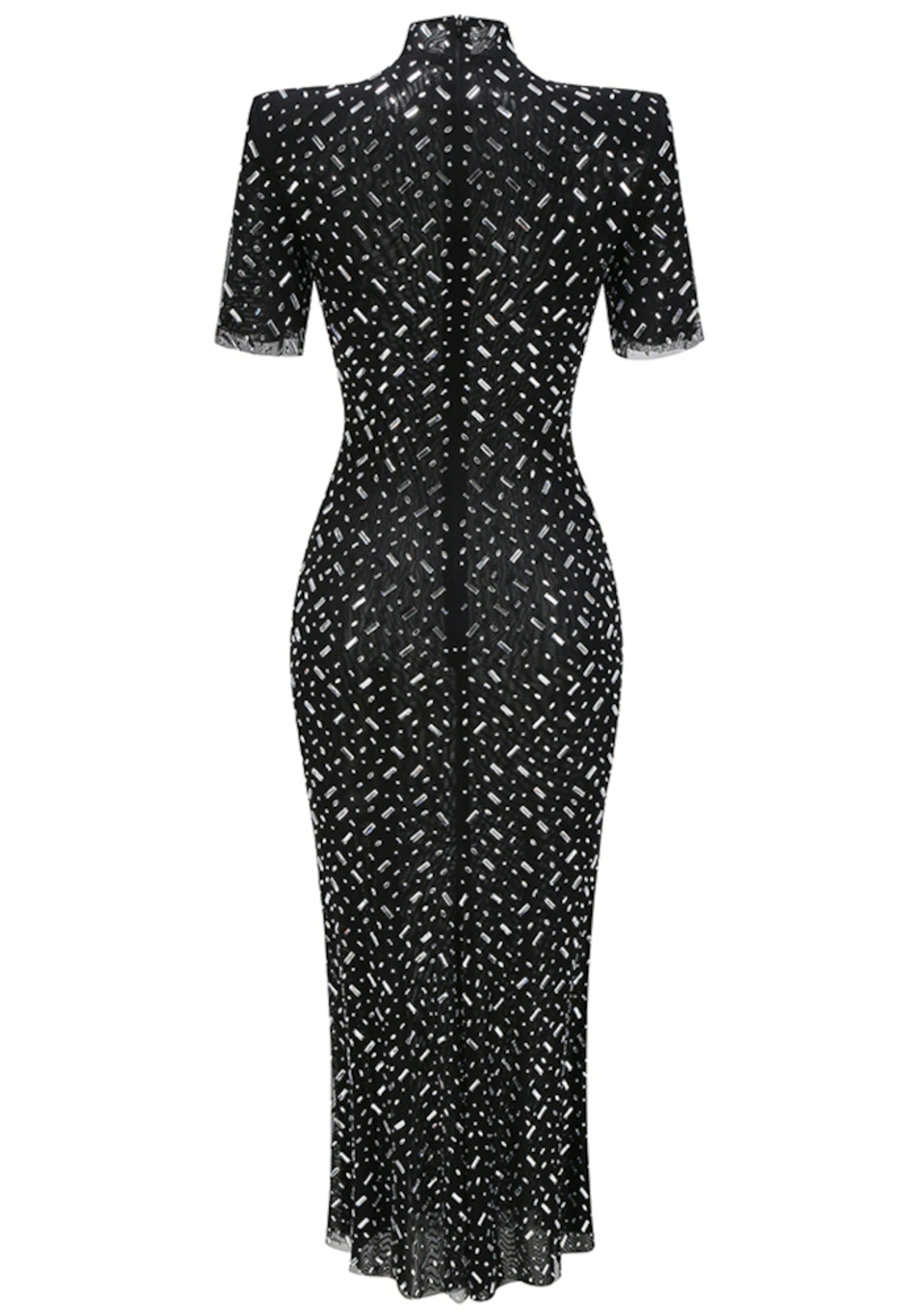 Maelthas Short Sleeve Crystal Mesh Maxi Dress In Black