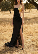 Qavrix One Shoulder Draped Maxi Dress