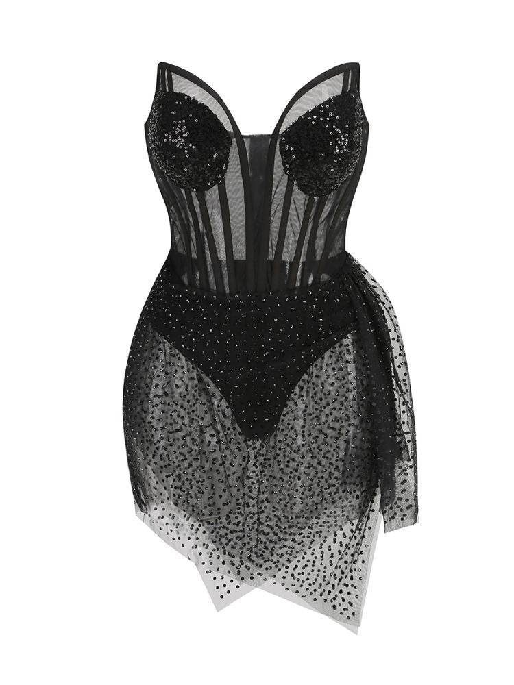 Ngaio Strapless Rhinestone Mesh Dress