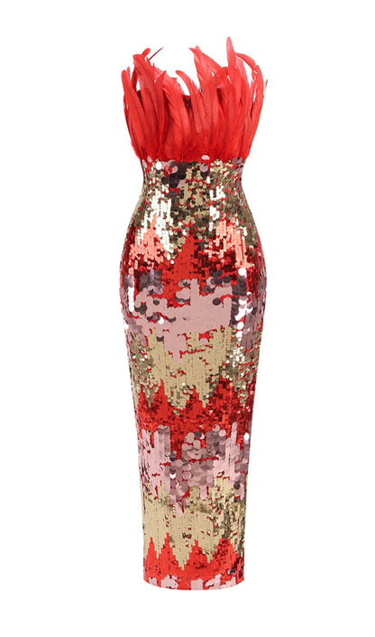 Acorn Red Gold Feather Sequin Maxi Dress