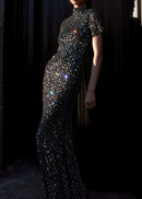 Maelthas Short Sleeve Crystal Mesh Maxi Dress In Black