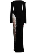 Saelith Long Sleeve Bardot Crystal Mesh Maxi Dress In Black
