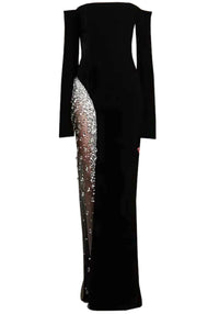 Saelith Long Sleeve Bardot Crystal Mesh Maxi Dress In Black