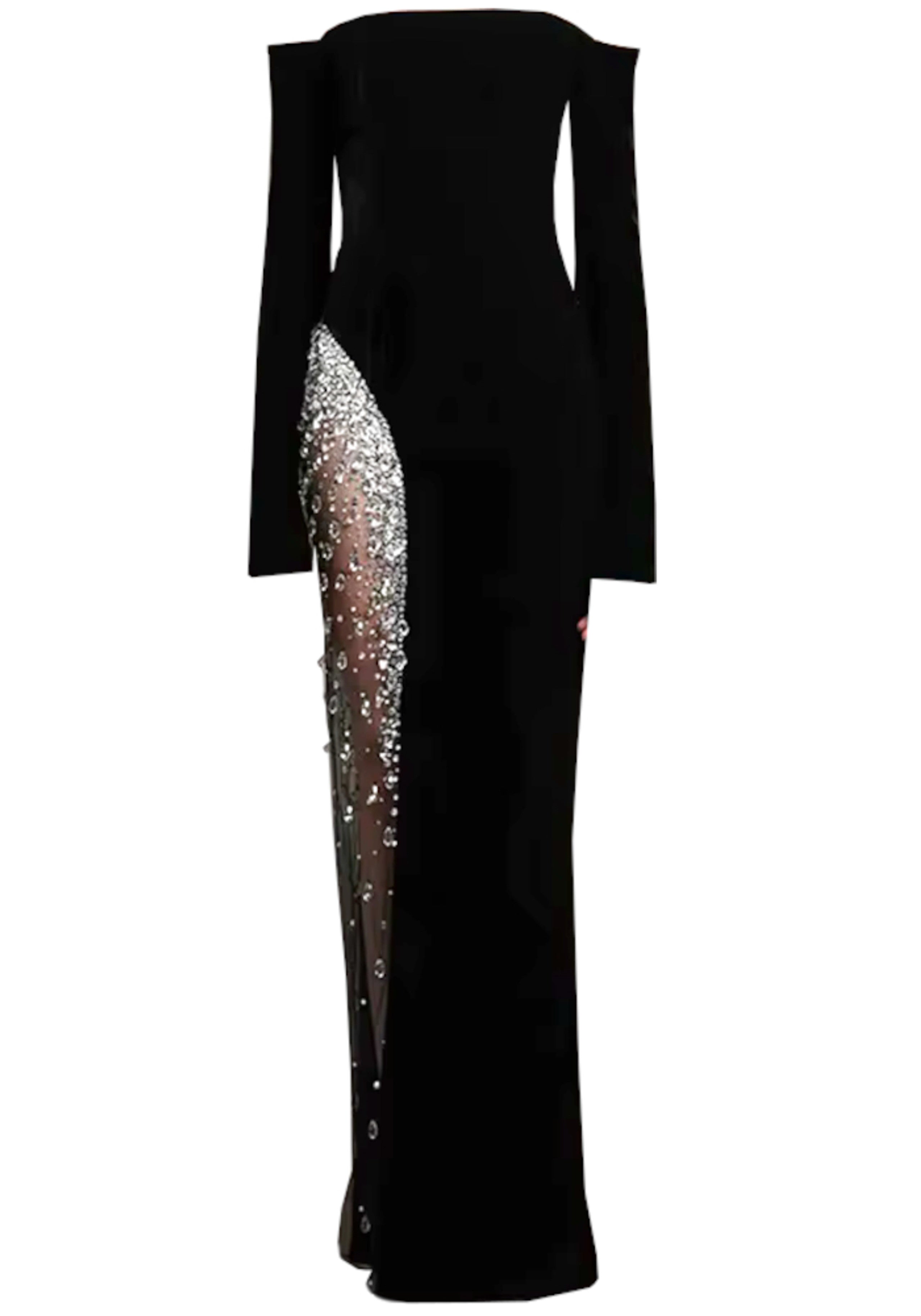 Saelith Long Sleeve Bardot Crystal Mesh Maxi Dress In Black