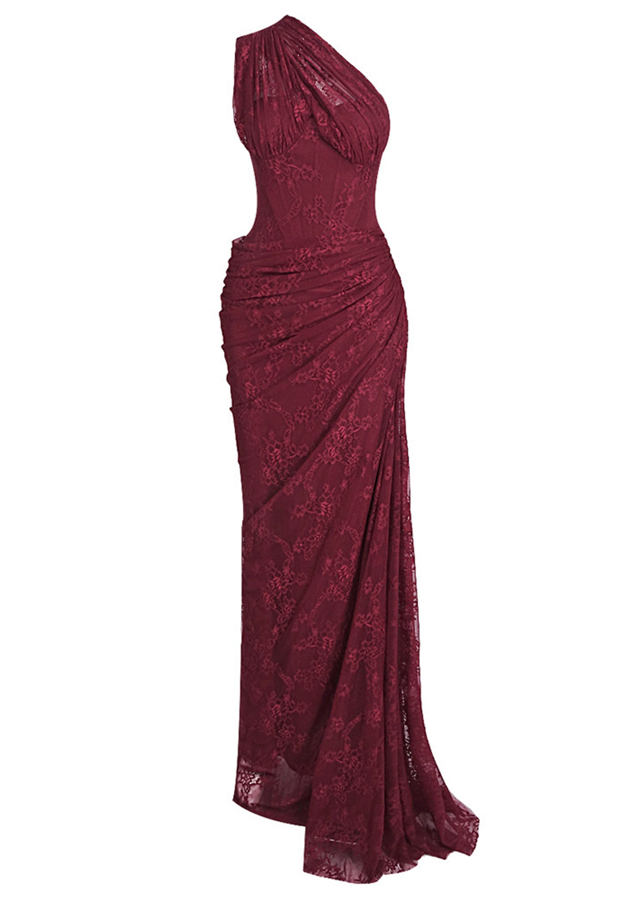 Minya One Shoulder Draped Lace Maxi Dress In Burgundy