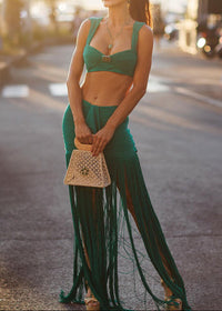 Hryonth Draped Ruffle Tassel Two Piece Maxi Dress In Green