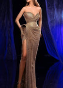 Palesa Strapless Draped Sparkly Maxi Dress In Light Brown