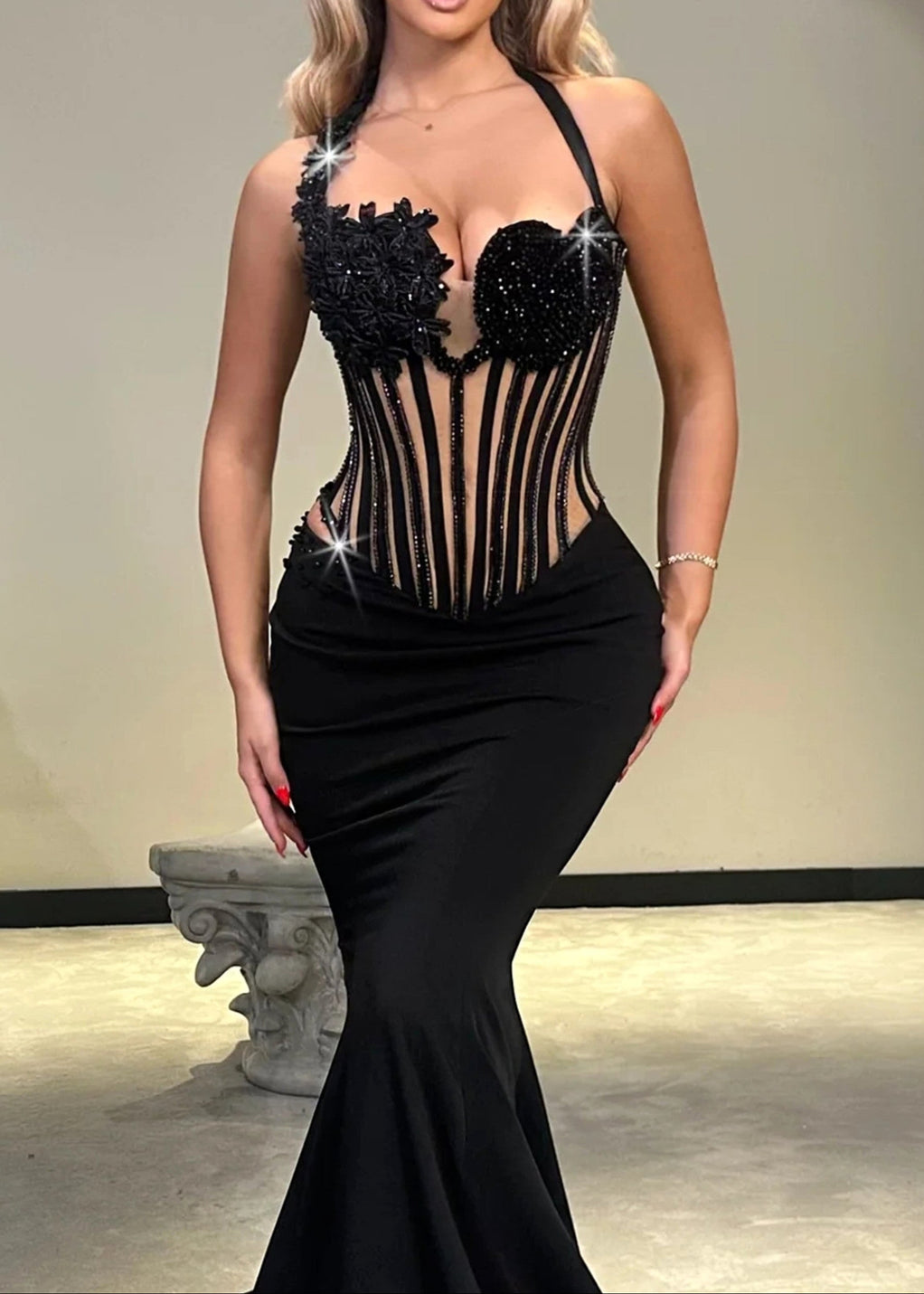 Afanen Sequin Floral Corset Maxi Velvet Dress In Black