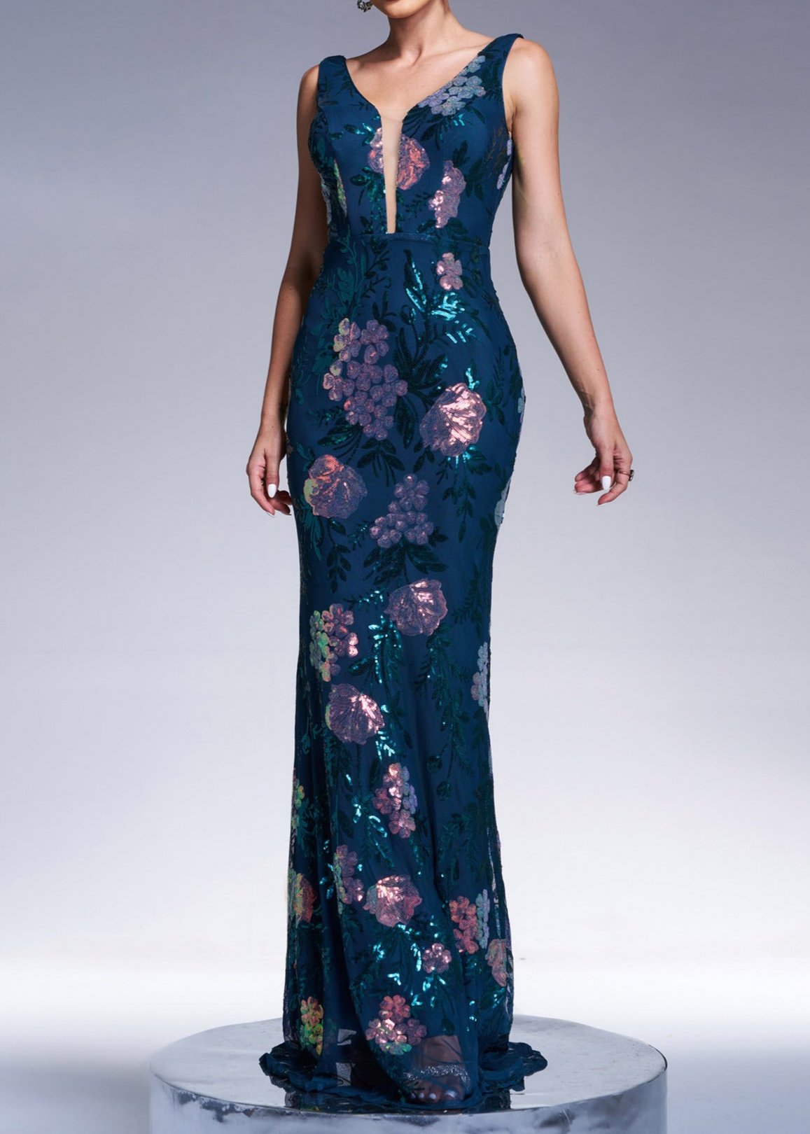 Tayne Sleeveless Sequin Print Maxi Dress In Dark Green