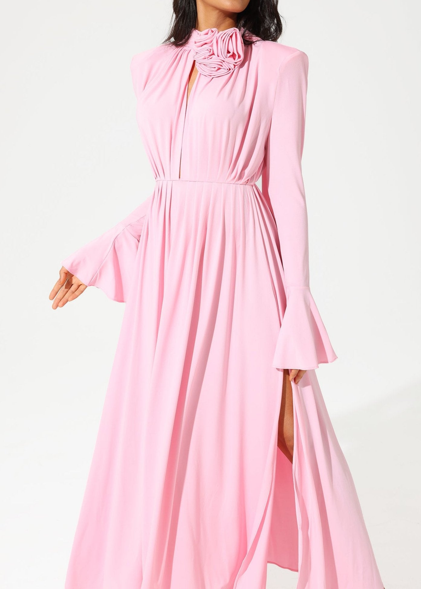 Abelia Lantern Sleeve High Collar Flower Slit Midi Dress In Pink